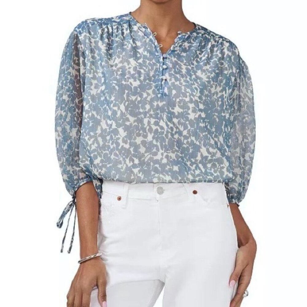 1.State Floral Chiffon Blouse Lightweight Relaxed Fit Boho Cottagecore Blue